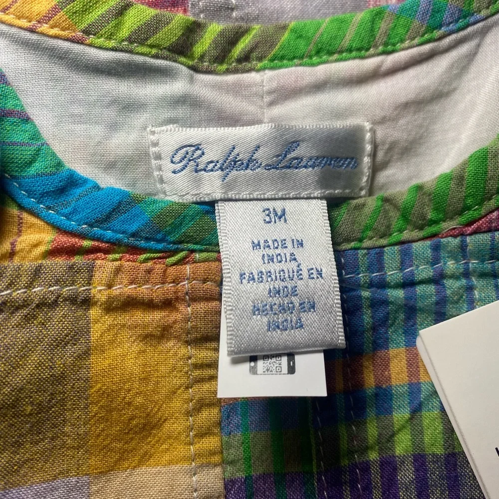 NWT Polo Ralph‎ Lauren Baby Boy Madras Patchwork Romper with Matching Hat Preppy